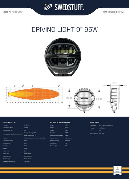 SWEDSTUFF DRIVING LIGHT 9" 95W - Vrhunska Vrijednost i Domet!
